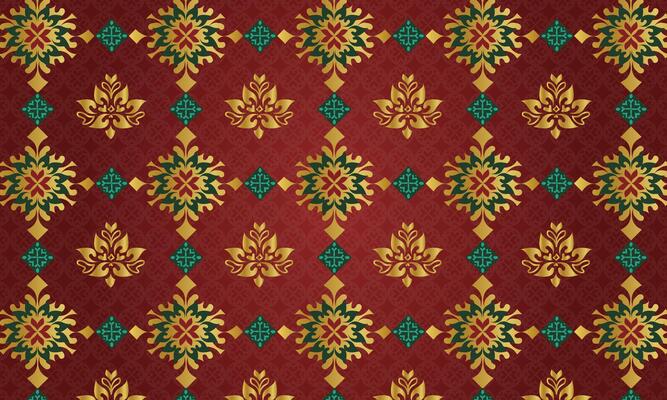 Thai Pattern Culture Background in Gold, Red, and Green
