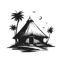 Hand drawn black and white hut with palms in tropics. vector