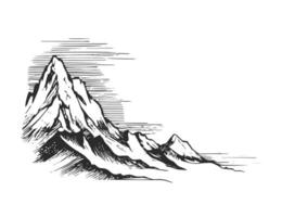 Mountain landscape black on white background. Hand drawn rocky peaks in sketch style. vector