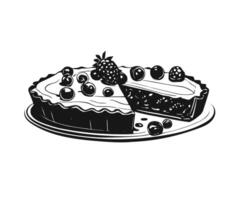 Pie with berries on a plate. Hand drawn black and white illustration. vector