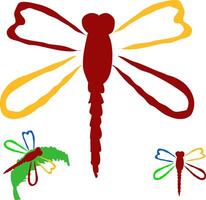 Colored dragonfly logo with open wings top view transparent background. illustration insect icon logo conceptual simplified multiple colors red blue yellow vector