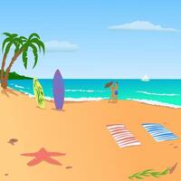 Two lovers standing by the seashore on a sandy beach next to surfboards. illustration Empty beautiful sea beach with starfish and couple of surfboards. sandy summer beach for relaxation. A few vector