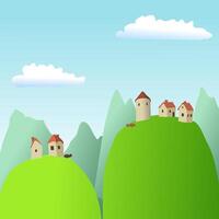 Green grassy mountains on the background of a mountain landscape and small houses in the distance. illustration, mountain everyday life, silence, clean air and cartoon landscape design. Some vector