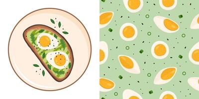 Toast with guacamole sauce and boiled eggs vector