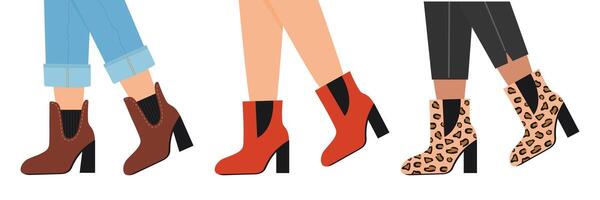 Female legs in different color leather boots vector