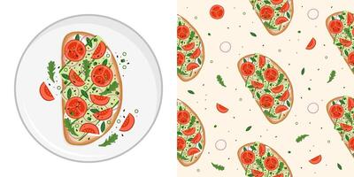 Bruschetta with tomato, cucumber and greenery vector