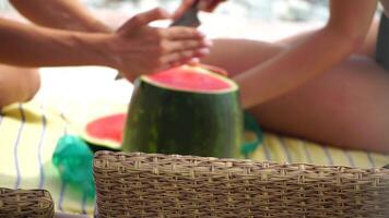 Woman, melon, beach - lady slices juicy fruit, sandy beach location, sunny day. Weight loss and body image concept. Woman with perfect fit body on beach. video