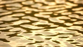 zon reflecterend Aan sprankelend zee meer water oppervlak, oceaan Bij zonsondergang, zonsopkomst. zonnestralen flikkeren in rimpelingen Aan water oppervlak. gouden glinsterende zee golven in zon. langzaam beweging. abstract nautische natuur video