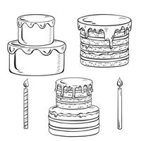 Various cakes and candles can be seen in this detailed drawing vector