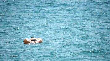 été vacances homme flotteurs sur un gonflable Donut matelas, une l'eau jouet nager anneau. positif content homme relaxant et profiter famille été Voyage vacances vacances sur le mer. lent mouvement video