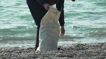 des ordures sur plage - aîné homme recueille des ordures sur plage après tempête, maintenir propreté et conservation environnement. video