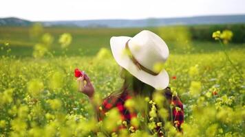 caucasien femme en portant une fraîchement collecté bouquet de blanc marguerites dans une magnifique printemps herbe prairie. rassemblement fleurs sauvages et profiter une nature, vacances fin de semaine aventure, loisir vacances concept video