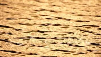 Sun reflecting on sparkling sea lake water surface, ocean at sunset, sunrise. Sunrays flickering in Ripples on water surface. Golden shimmering sea waves in sun. Slow motion. Abstract nautical nature video