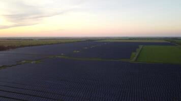 antenne top visie van een zonne- panelen macht fabriek. fotovoltaïsche zonne- panelen Bij zonsopkomst en zonsondergang in platteland van bovenstaande. modern technologie, klimaat zorg, aarde besparing, hernieuwbaar energie concept. video