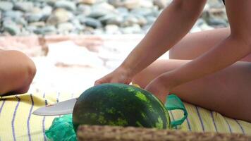 mujer, melón, playa - dama rebanadas jugoso fruta, arenoso playa ubicación, soleado día. peso pérdida y cuerpo imagen concepto. mujer con Perfecto ajuste cuerpo en playa. video