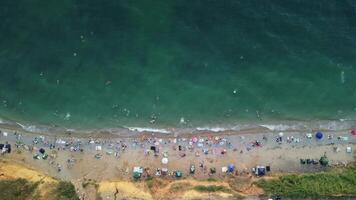 Aerial view of sandy beach, swimming people in sea bay with transparent blue water at sunset in summer. People Crowd Relaxing On Beach. Holiday recreation concept. Abstract summer ocean sunset nature. video