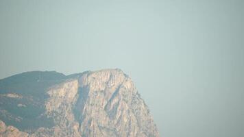 gabbiani volante nel tramonto cielo. un' gregge di il gabbiano uccelli mosche sotto un' buio cielo dopo tramonto, al di sopra di il mare lungo il roccioso costa. la libertà concetto. sera. nessuno. lento movimento video