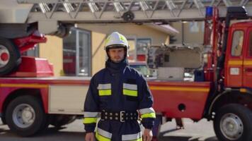 Kaukasisch brandweerman in helm en vol uitrusting komt eraan naar de camera en glimlachen video