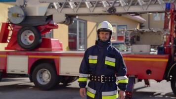 kaukasisch Feuerwehrmann im Helm und voll Ausrüstung Kommen zu das Kamera und lächelnd video