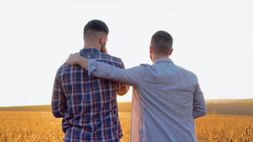 Two young men hugging against the backdrop of the sunset, looking forward to the horizon video