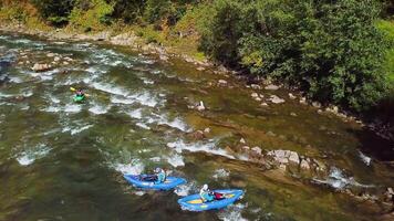 quatro desportistas dentro azul inflável canoas estão rafting baixa uma montanha rio. aéreo Visão video