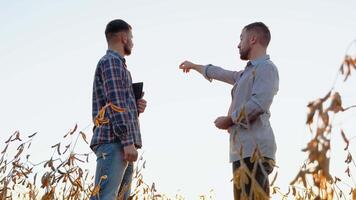 Two farmers standing outdoors in soy field in autumn shaking hands on deal. Handshake on soybean field video