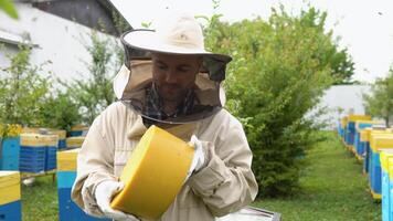 Closeup portrait of beekeeper holding a bee wax. Beekeeping concept. Beekeeper harvesting honey video