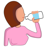 ung kvinna tecknad serie karaktär dricker vatten. hand dragen klotter platt illustration design. png
