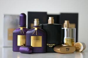 KYIV, UKRAINE - NOVEMBER 27, 2023 Tom Ford fragrance perfume branded bottles wit different scent photo