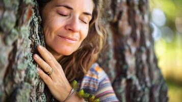 Environmental climate activist, beautiful woman hugging tree in forest, nature background, eco friendly, climate change photo