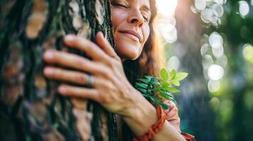 Environmental climate activist, beautiful woman hugging tree in forest, nature background, eco friendly, climate change photo
