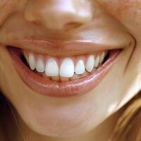 Pretty woman smiling, closeup on teeth, beautiful smile, teeth commercial, dentist and stomatology background photo