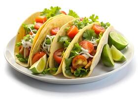 A Cheese-Filled Tasty Tacos With Lime, Tomato, and Lettuce photo