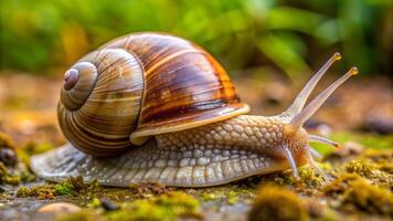 un hiperdetallado Disparo de un caracol Moviente despacio en un bosque foto