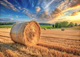 Harvested Hay and Straw Bales in Summer Farm Field Landscape photo