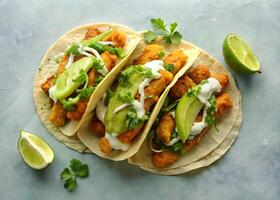 Battered Fish Tacos Feature Avocado Sauce and Lime photo