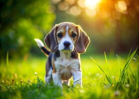 Beagle Puppy Walking on Green Meadow photo