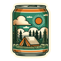 Vintage Camping Scene with Tent and Pine Trees in Can-Shaped Frame png