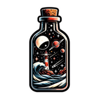 espace scène dans une bouteille avec phare et planètes png