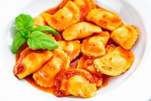 ravioli meat tomato sauce fresh cooking meal food snack on the table copy space food background photo