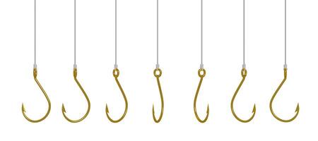 Set of golden fishing hooks on fishing lines, isolated on white background, 3D rendering. photo