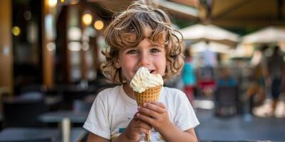 contento niño con hielo crema. delicioso dulzura en manos. hielo crema caminar. foto