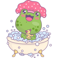 Frog in shower cap bathes in bath with foam png