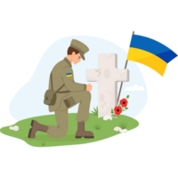 Military soldier in front of grave cross with yellow-blue Ukrainian flag png