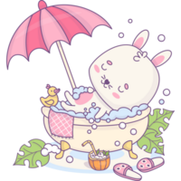 Cute relaxed bunny in bubble bath under sun umbrella png