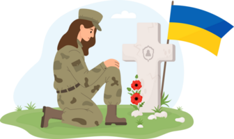 Military soldier woman in front of grave with Ukrainian flag png