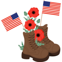 Military veteran boots with red poppy and flags png