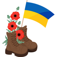 Military veteran boots with poppy flowers and yellow-blue flag Ukraine png