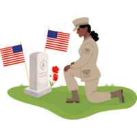 Military soldier ethnic woman in front of American grave with flags png