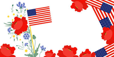 Memorial Day banner. American flags with flowers png